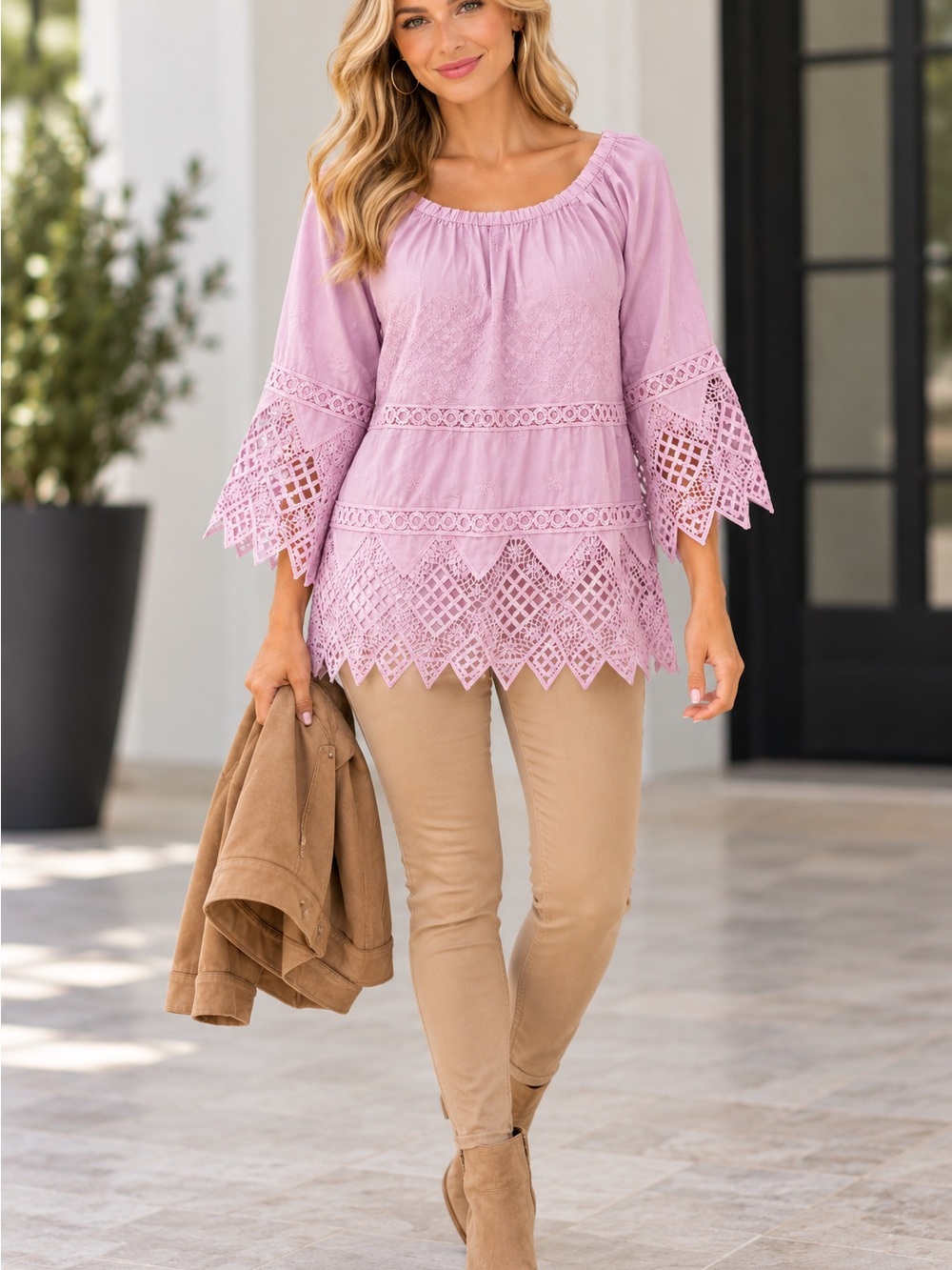 Lace-Trim Peasant Blouse - light lavender 100% cotton